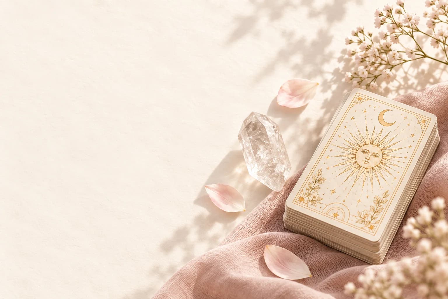 A stack of tarot cards with gold sun and moon line art, a crystal, pink petals, soft pink fabric, and small flowers on an off-white paper background.